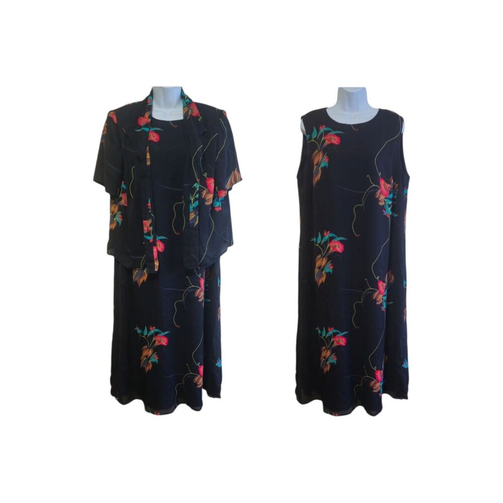 Vintage Positive Attitude 2 Piece Maxi Dress Set Floral Sheer 90s Retro Women 14